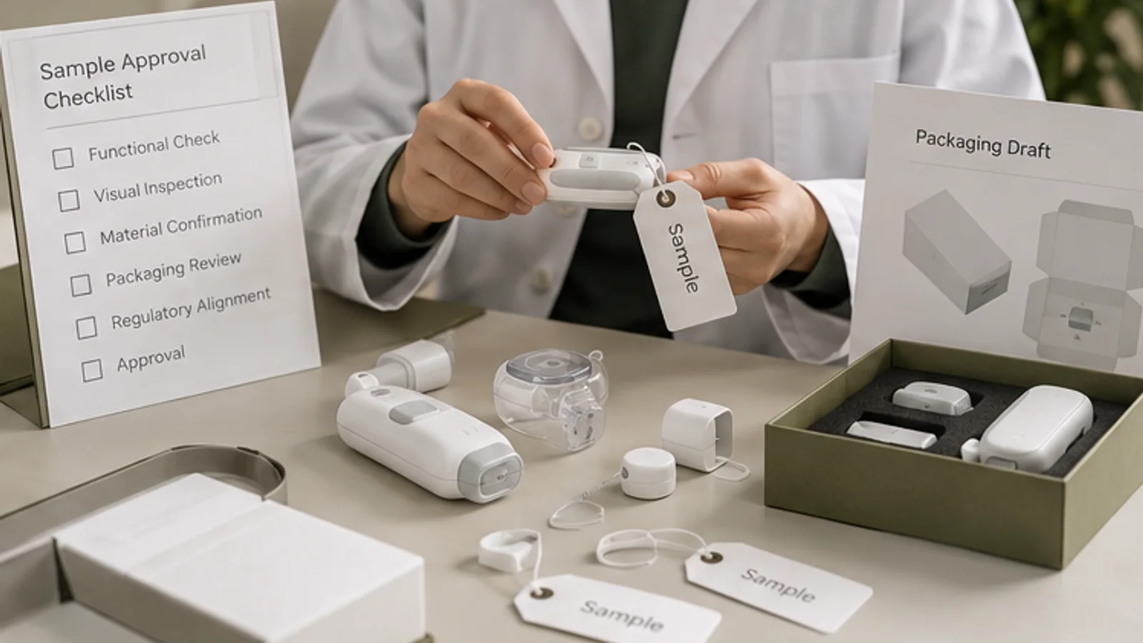 Sample approval checklist with tagged medical device samples and packaging draft.