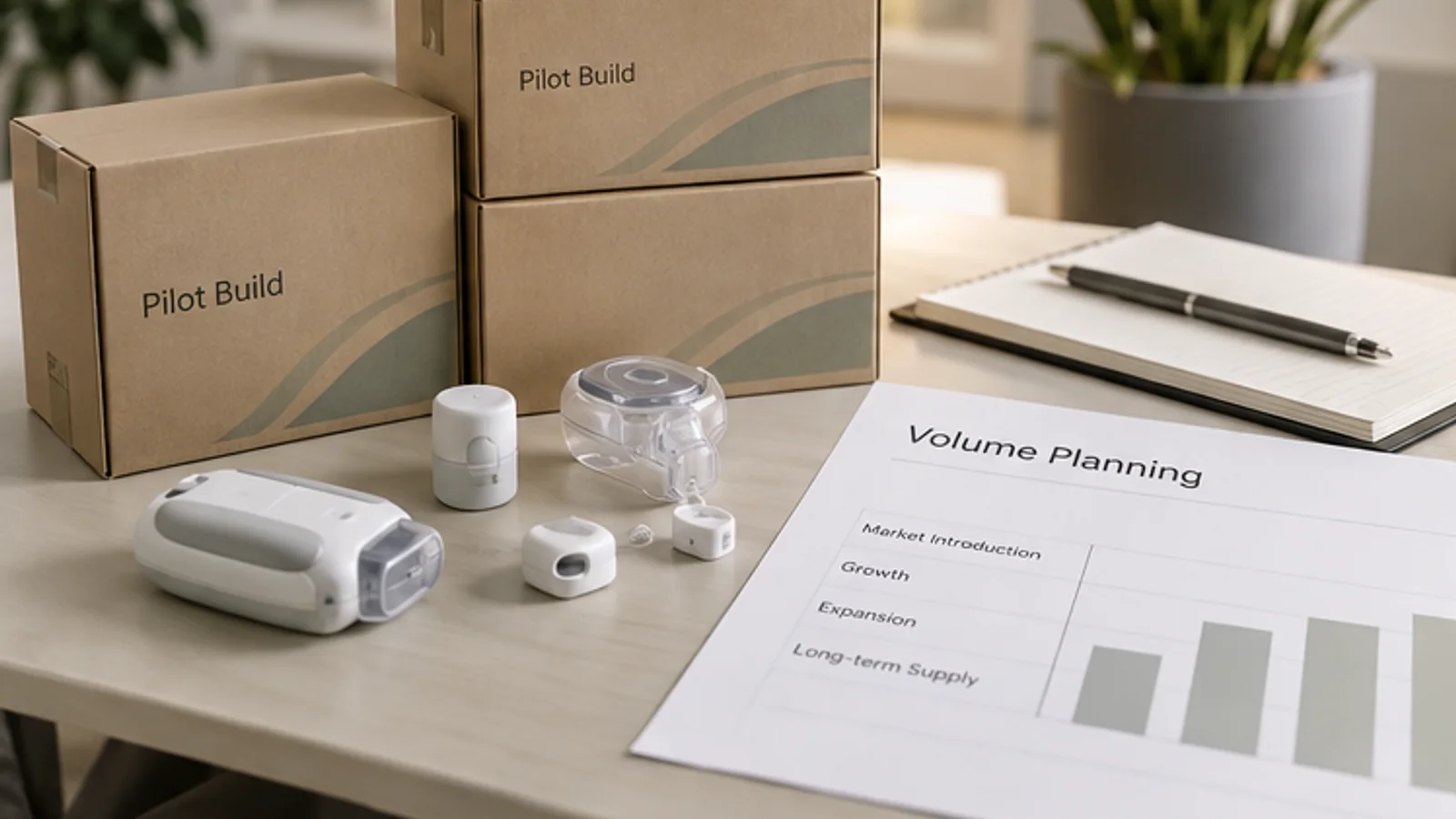 Pilot build cartons and volume planning sheet with medical device samples.