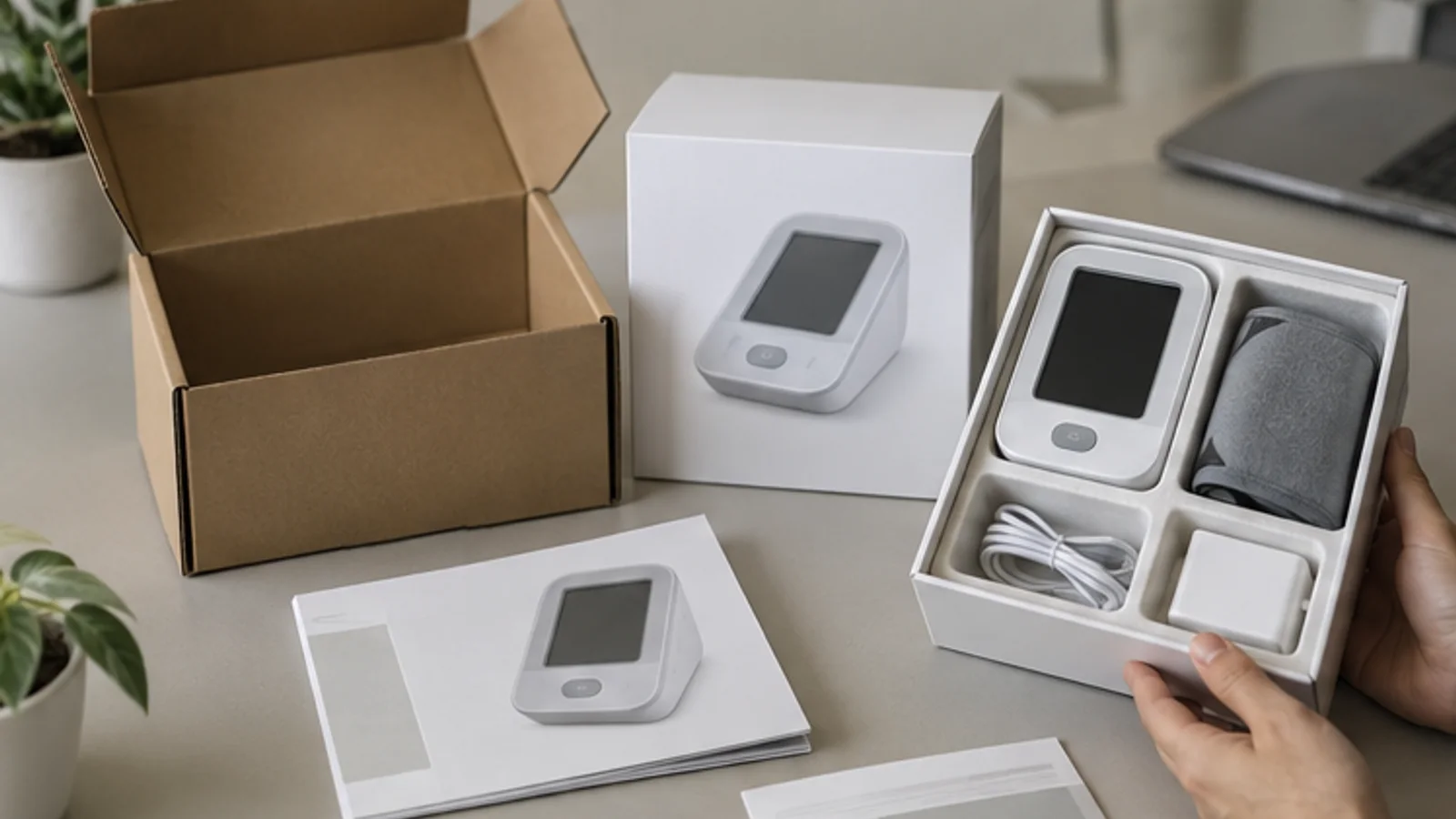 Open medical device package with product sample, insert tray and user materials.