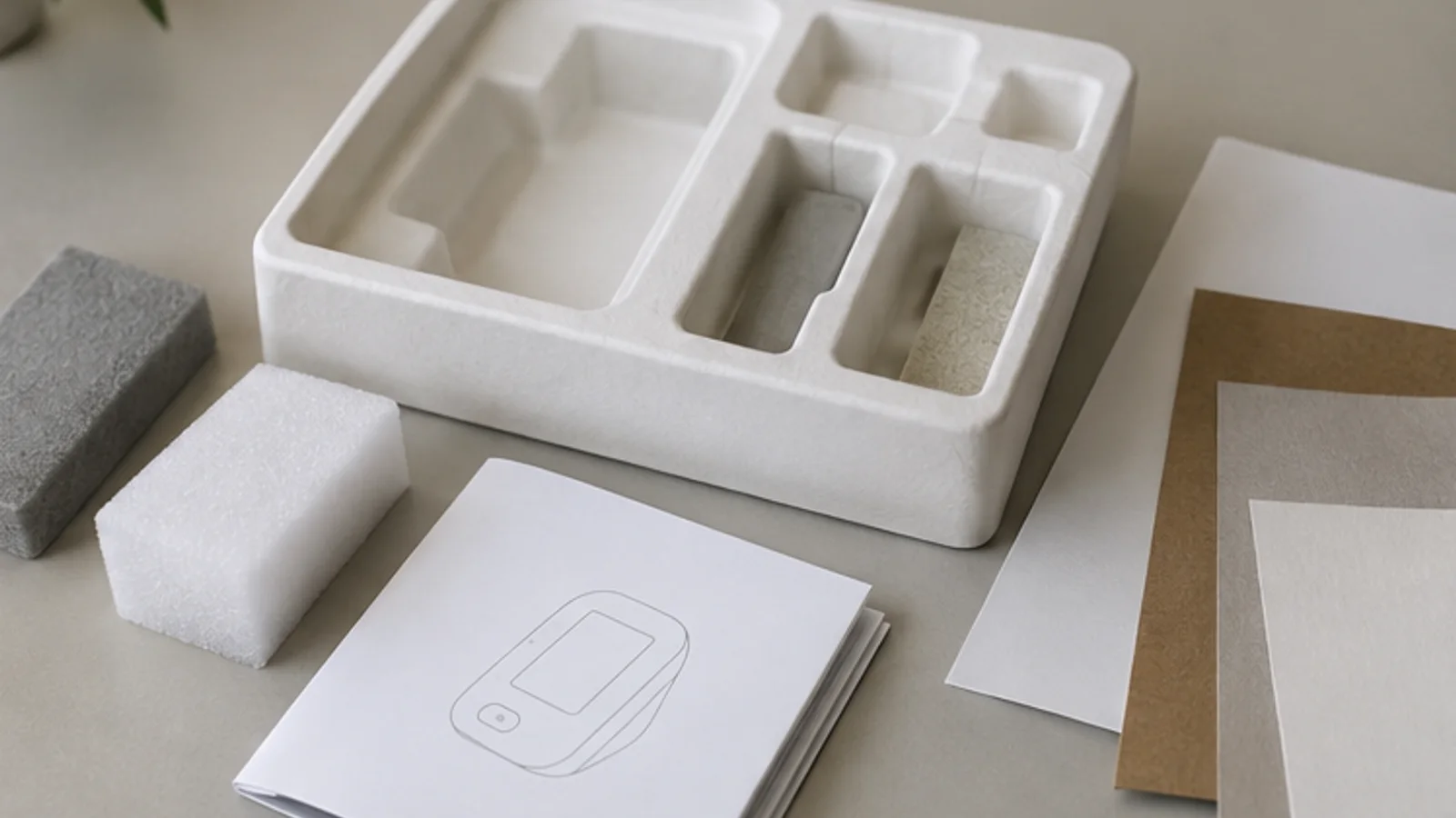 Molded packaging tray, protective inserts and manual materials on a review table.