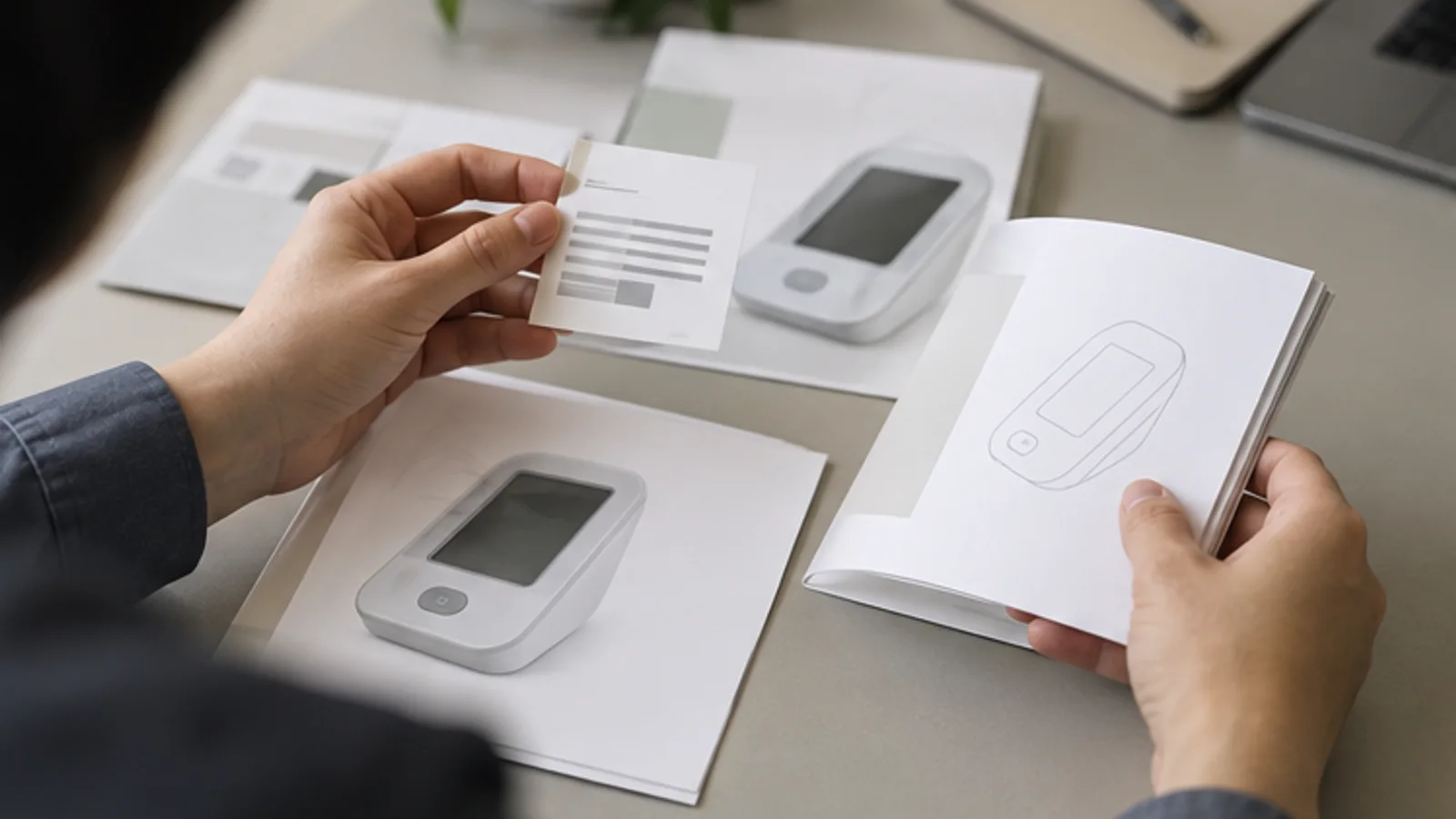 Hands checking a product label draft and user manual with a medical device sample.