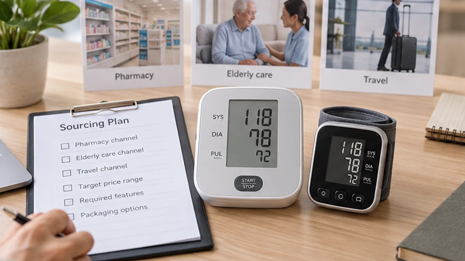 Upper arm and wrist blood pressure monitors reviewed beside channel planning notes.