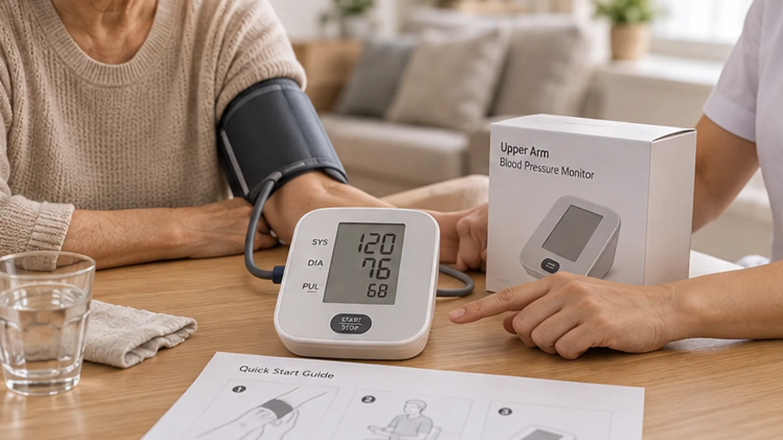 Upper arm blood pressure monitor shown in a home healthcare review setting.