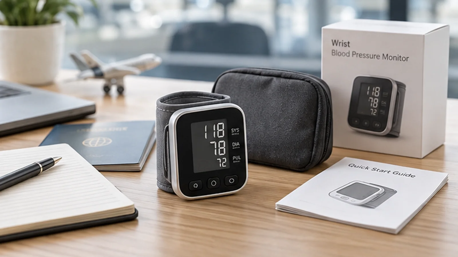 Wrist blood pressure monitor with compact case and quick-start materials.
