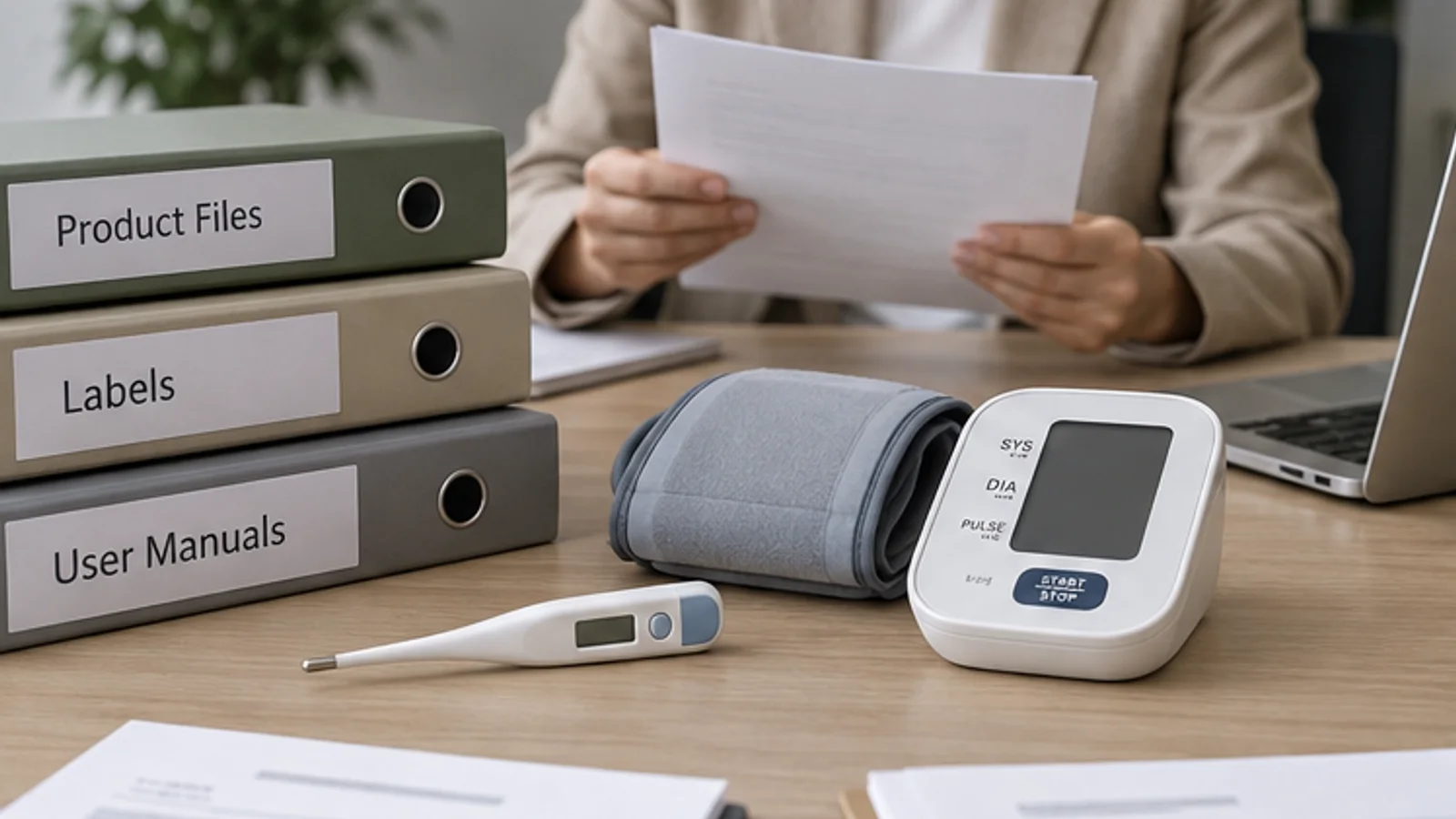 Product files, labels and user manuals reviewed with blood pressure monitor and thermometer samples.