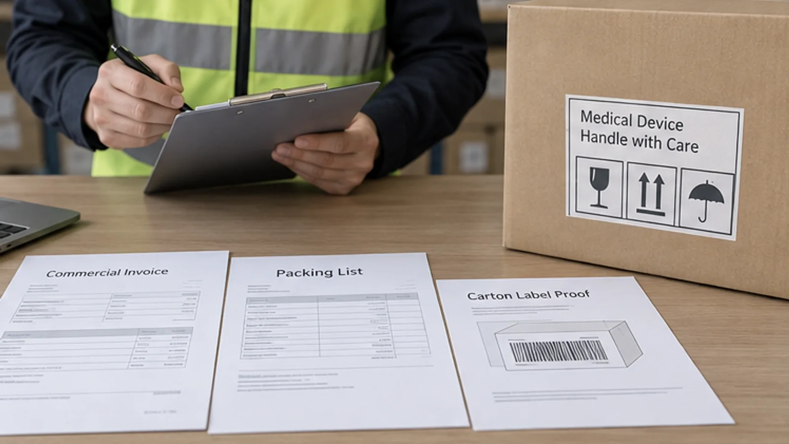 Shipping coordinator checking invoice, packing list and carton label proof for medical devices.