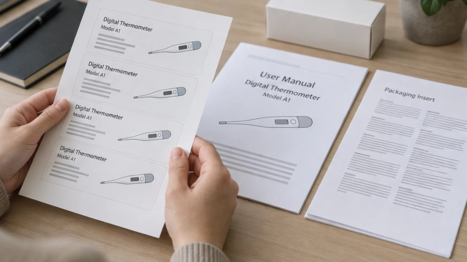 Hands reviewing label sheets, user manual and packaging insert for a thermometer program.