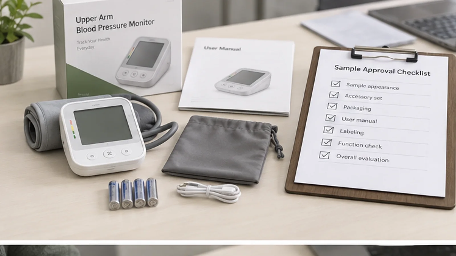 Medical device sample set with accessories, manual, packaging and approval checklist.