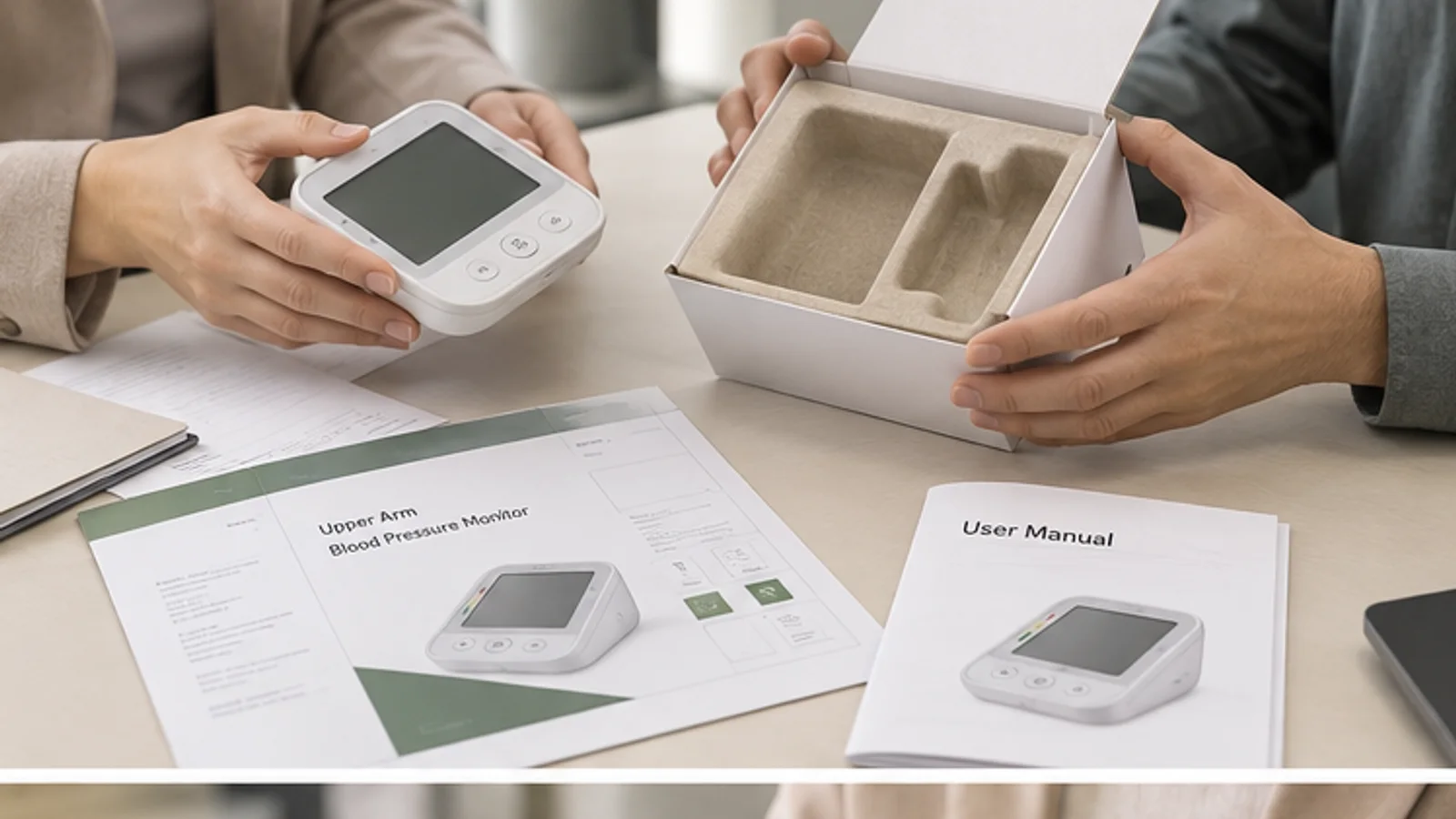 Hands matching a blood pressure monitor sample with box insert and user materials.
