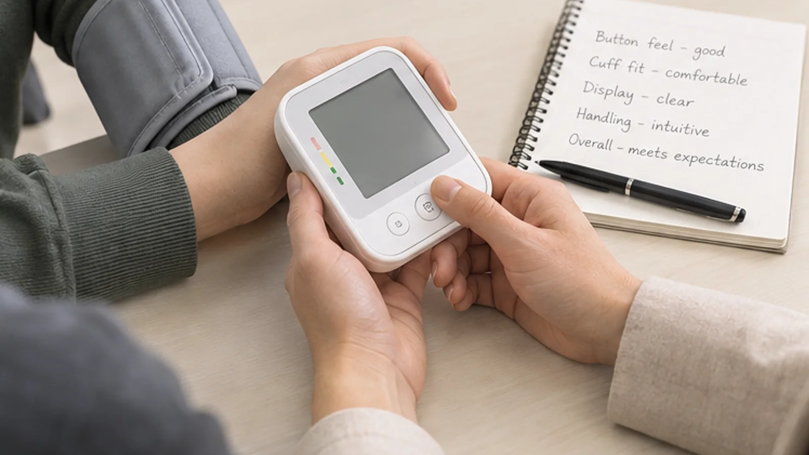 Close-up handling review of a blood pressure monitor button and cuff fit notes.