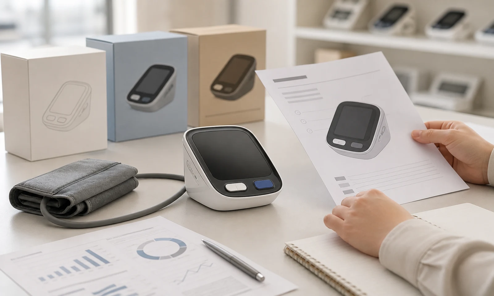 B2B sourcing review of an upper arm blood pressure monitor with packaging and documents