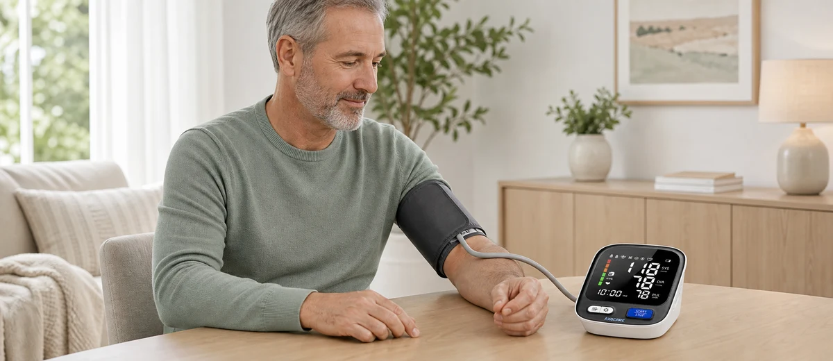 Adult using a blood pressure monitor in a home healthcare setting