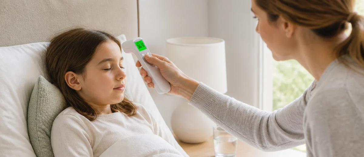 Caregiver checking temperature with a thermometer at home