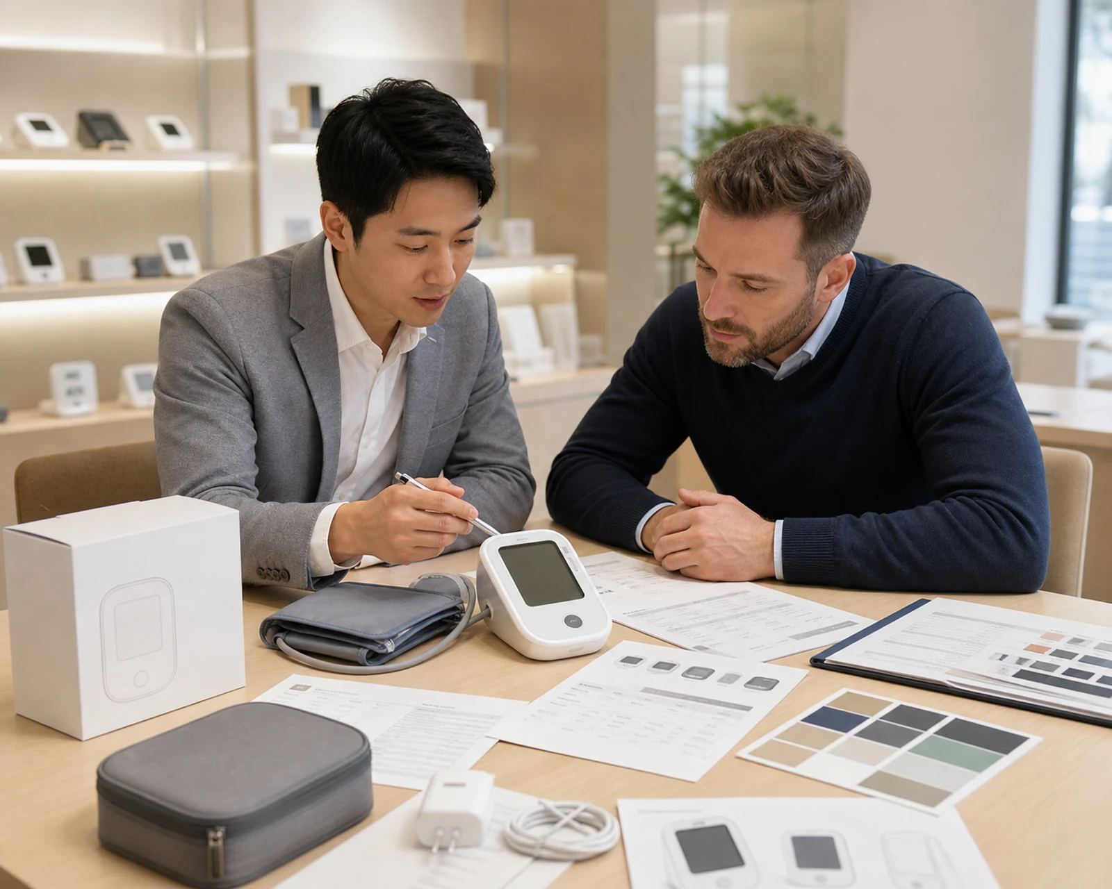 Buyer guide consultation with blood pressure monitor sample and sourcing documents