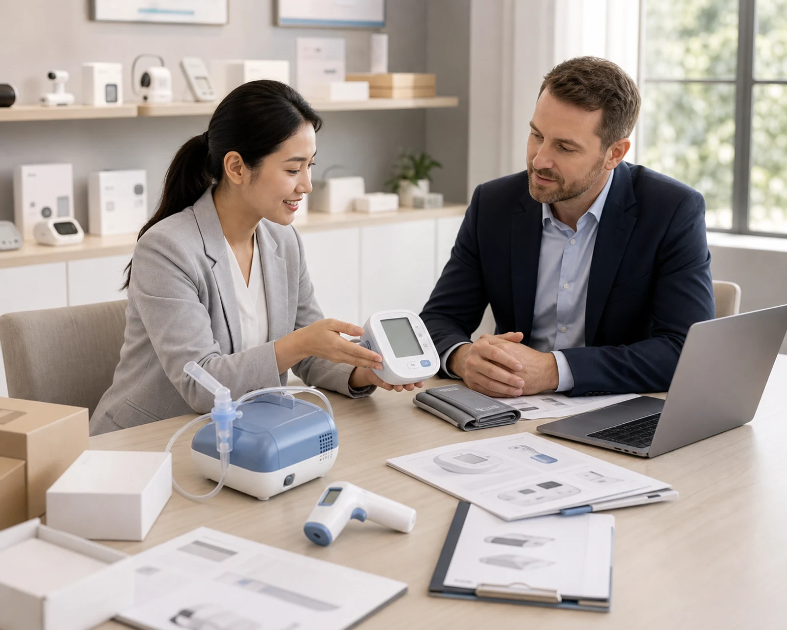 B2B sourcing consultation with home healthcare device samples and buyer review materials