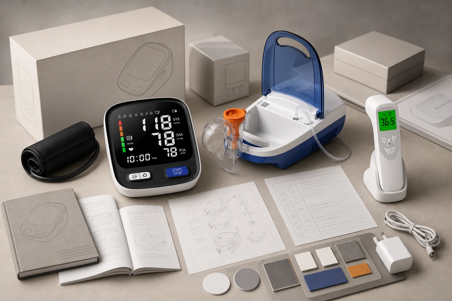 OEM and ODM project proposal board with home healthcare devices, packaging, manuals and configuration materials