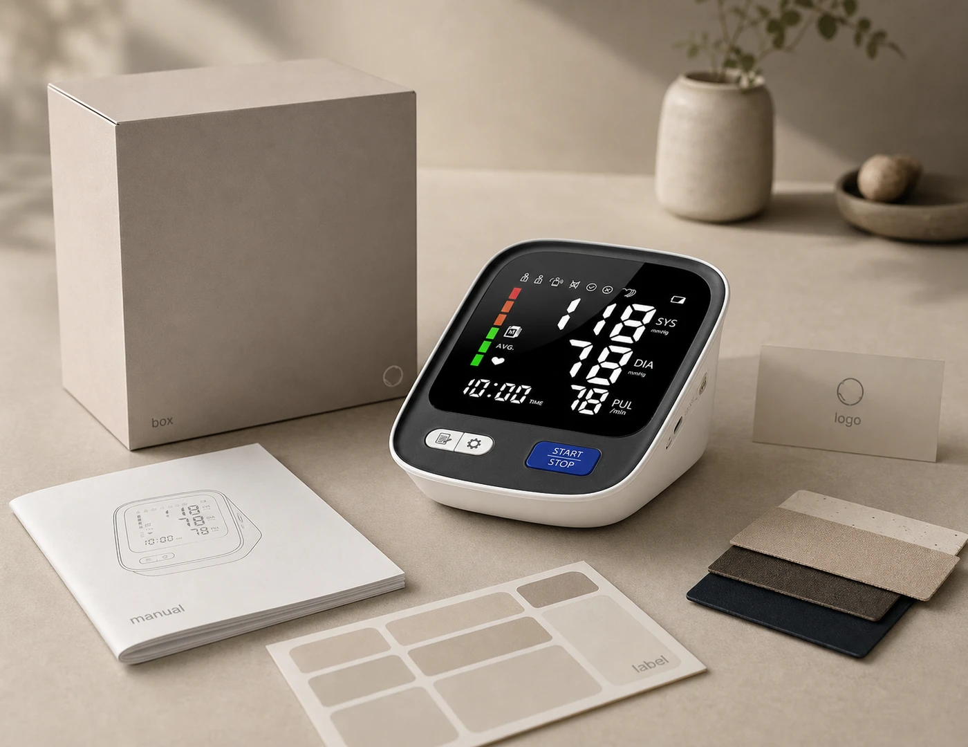 OEM private label proposal board with home healthcare product platforms, packaging, manual, label review and color materials